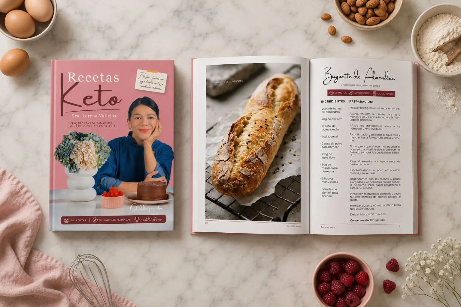 Keto Bakery — Portada del recetario y spread interior con receta de Baguette de Almendras