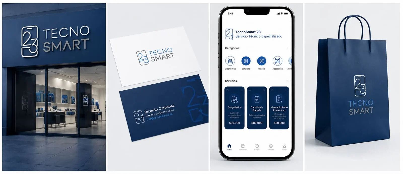 TecnoSmart — Sistema visual aplicado: fachada, tarjetería, app móvil y bolsa de marca